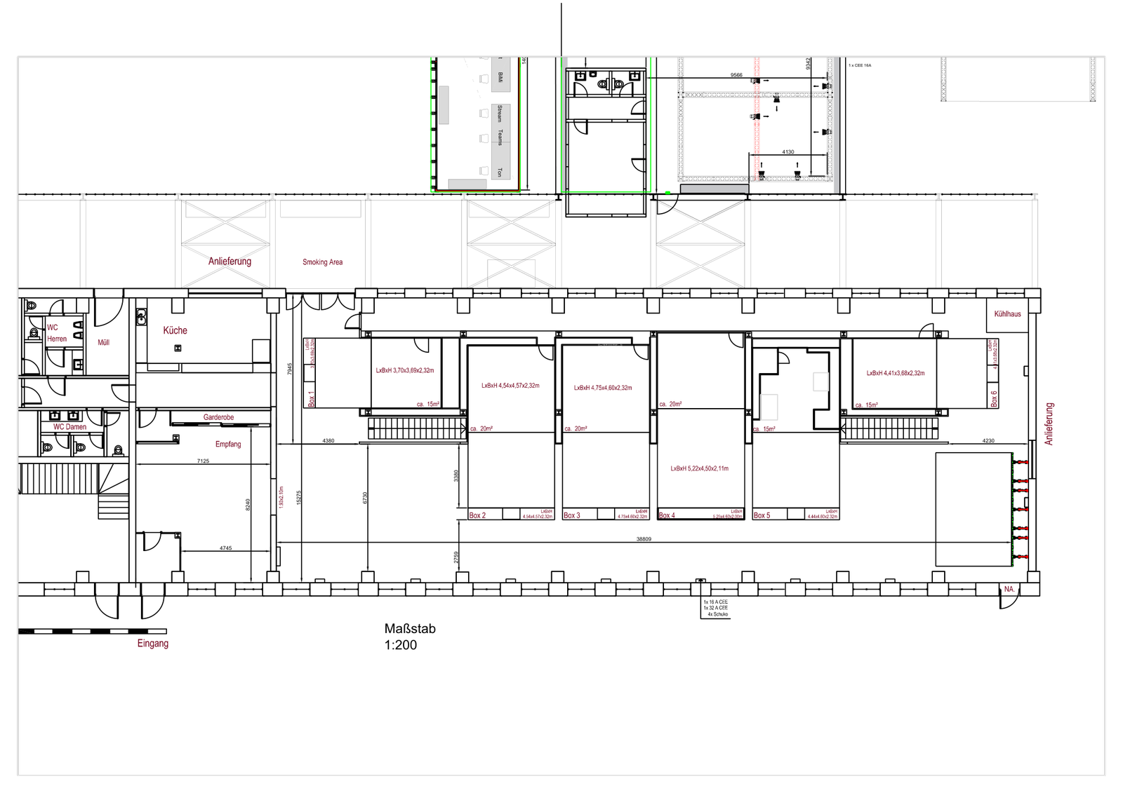Floor plan with extended event boxes and dimensions