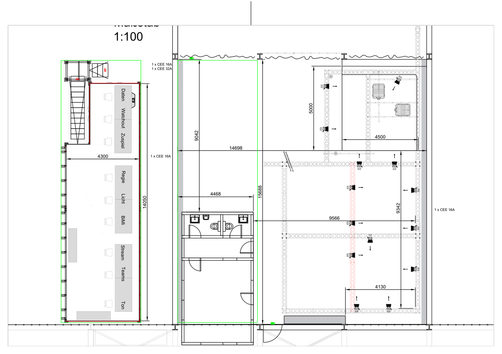 Grundriss des BAUWERK.Studio mit Regie und Traversenkonstruktion