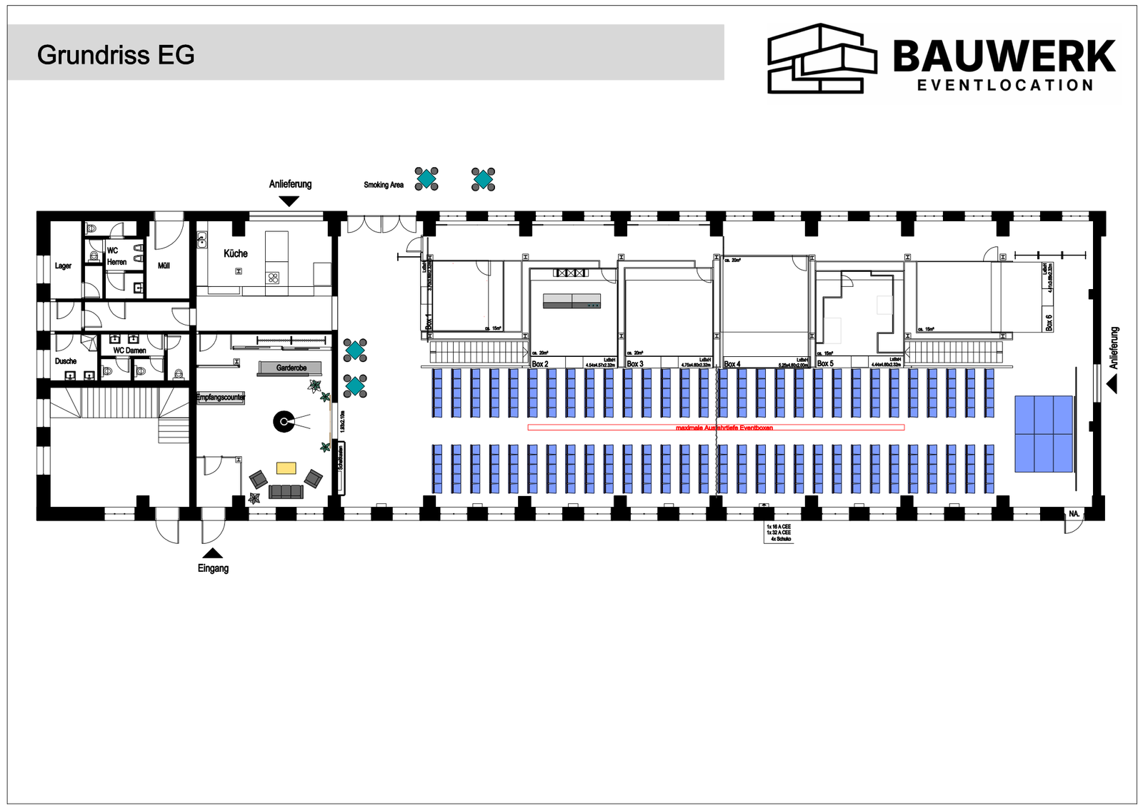 Ground floor plan with theatre seating for 300 people