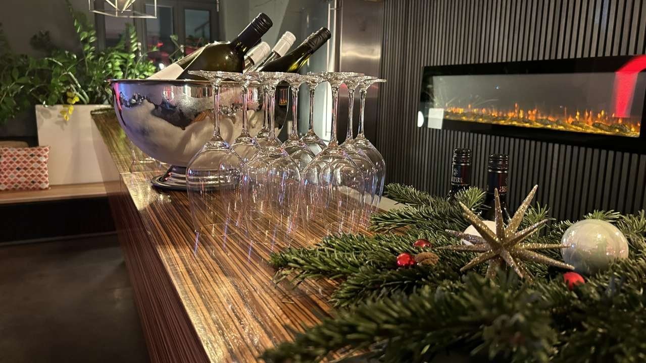 Bar with fir branches and Christmas decoration